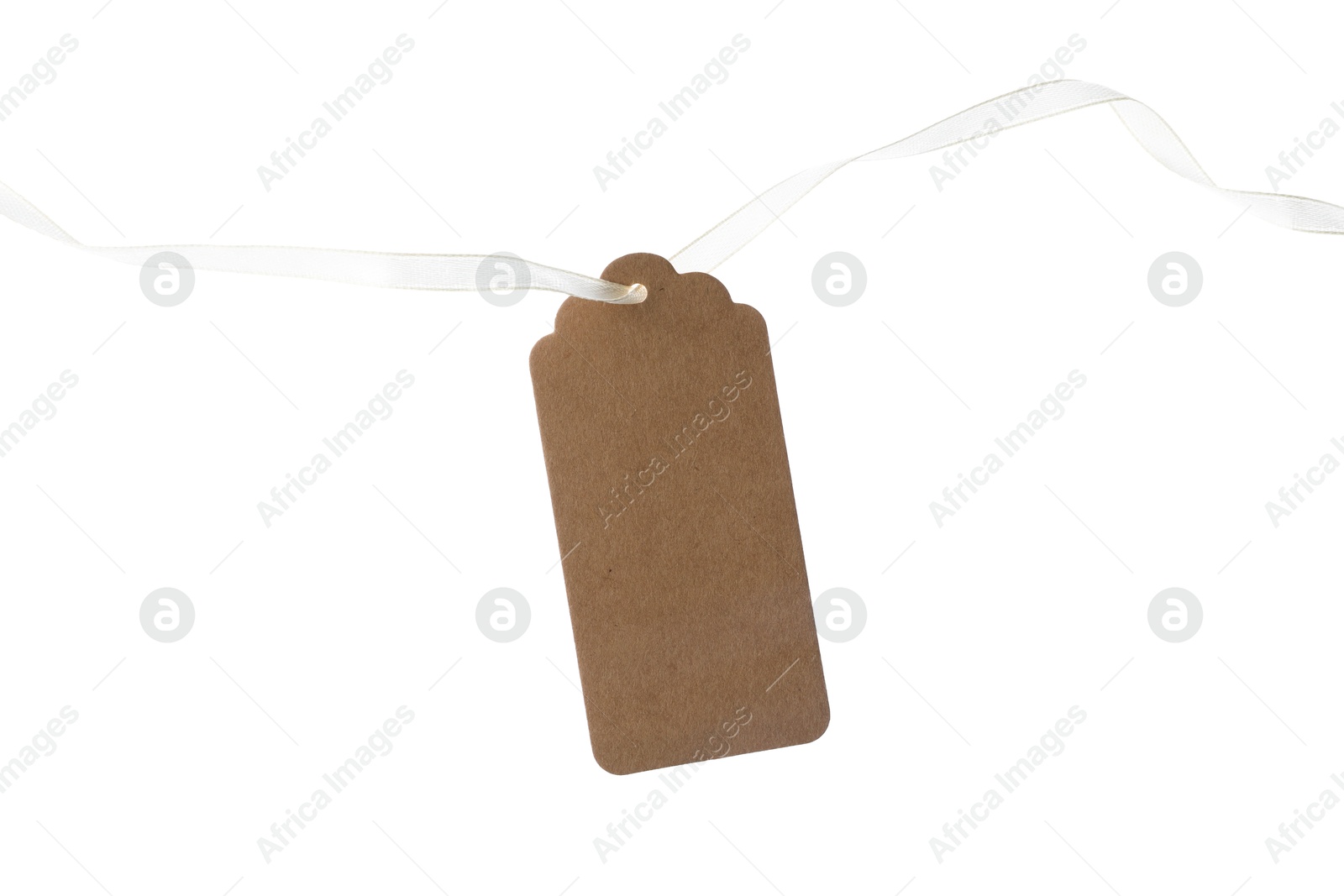 Blank tag with ribbon isolated on white Photo of Blank tag with ribbon isolated on white