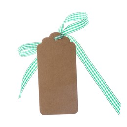 Photo of Blank tag with green bow isolated on white