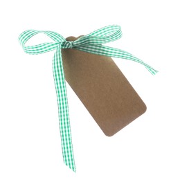 Photo of Blank tag with green bow isolated on white