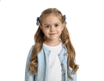 Photo of Cute little girl with beautiful hair accessory on white background