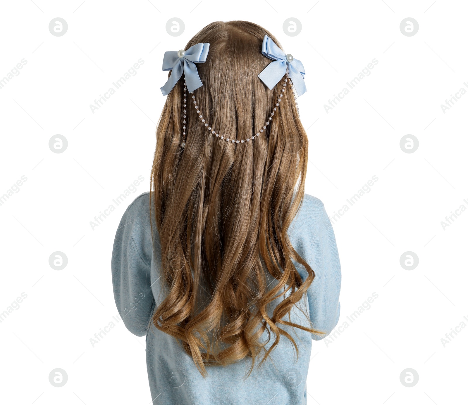 Photo of Cute little girl with beautiful hair accessory on white background, back view