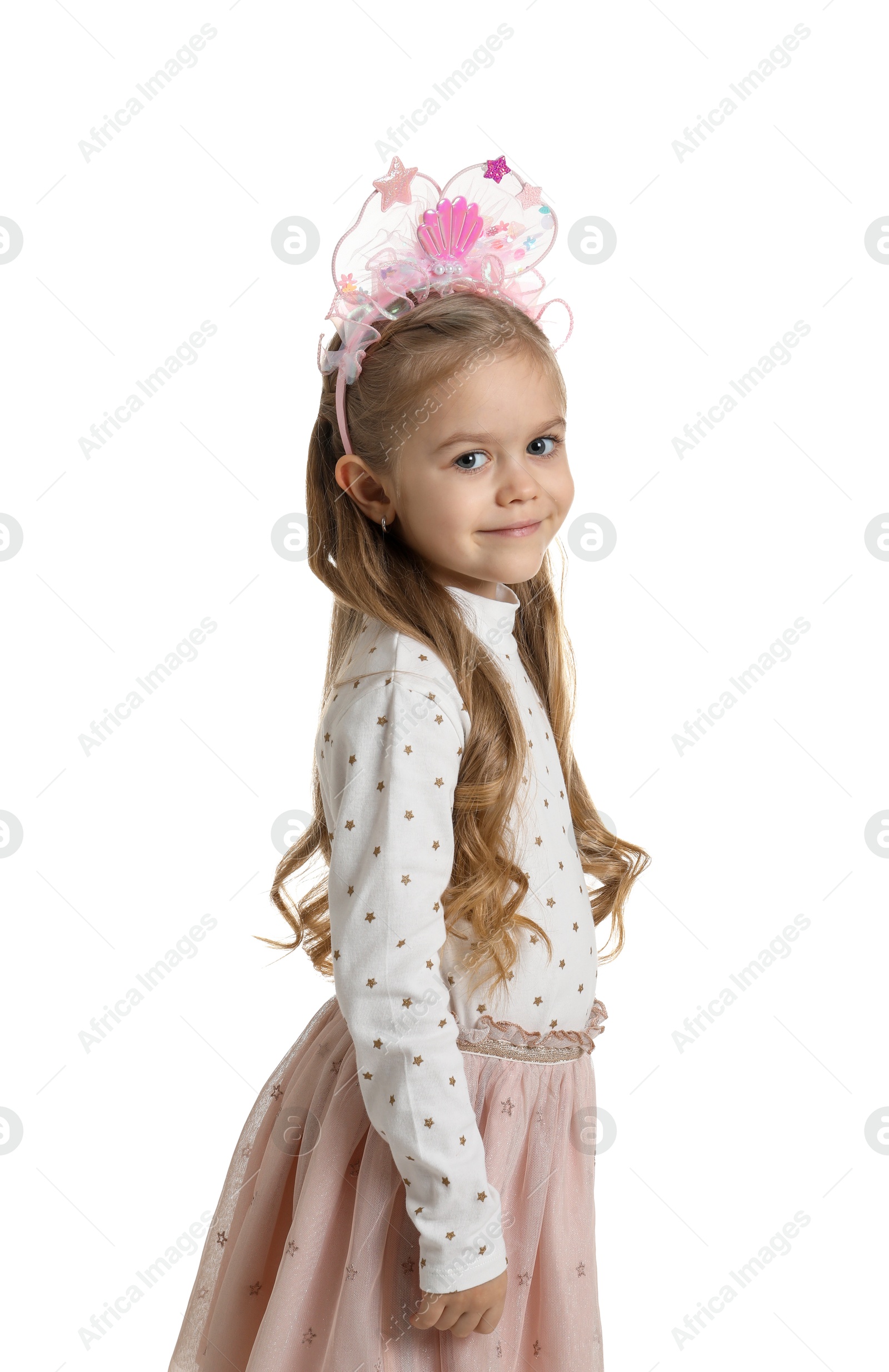 Photo of Cute little girl with beautiful headband on white background