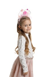 Photo of Cute little girl with beautiful headband on white background