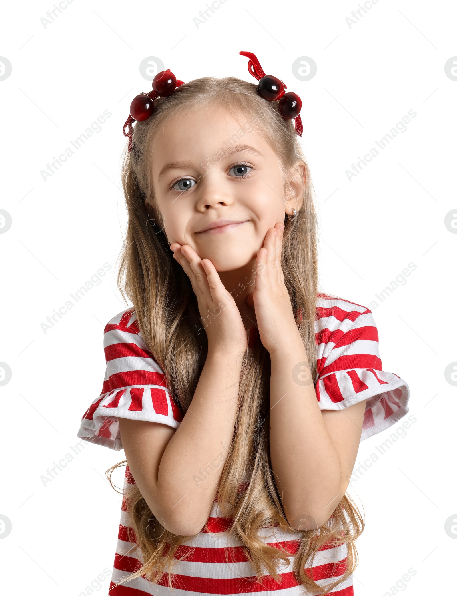 Photo of Cute little girl wearing beautiful bows with cherries on white background