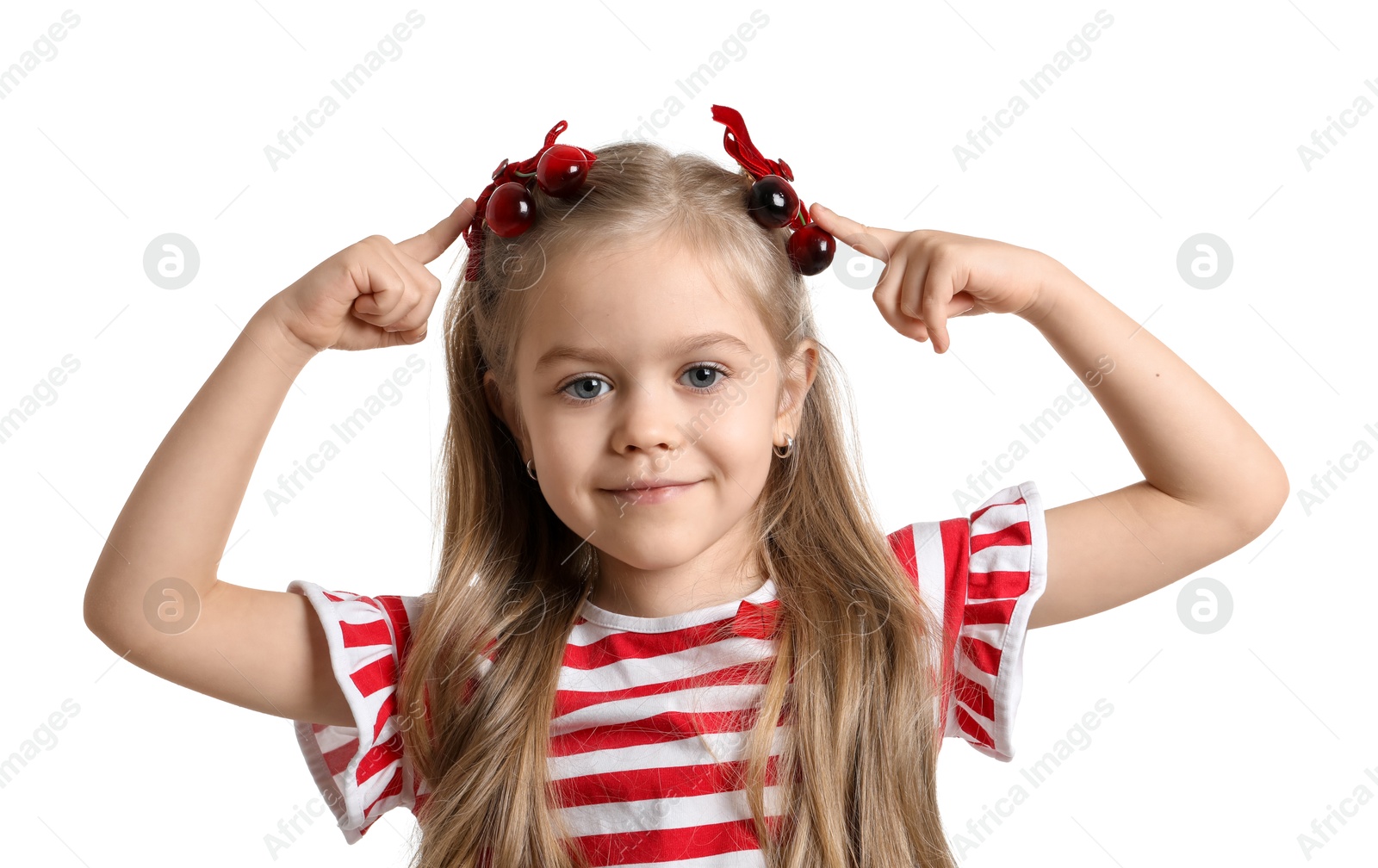 Photo of Cute little girl wearing beautiful bows with cherries on white background