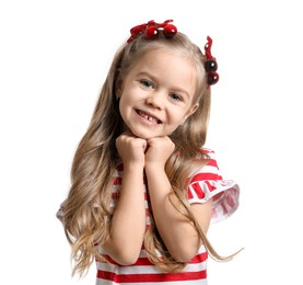 Photo of Cute little girl wearing beautiful bows with cherries on white background