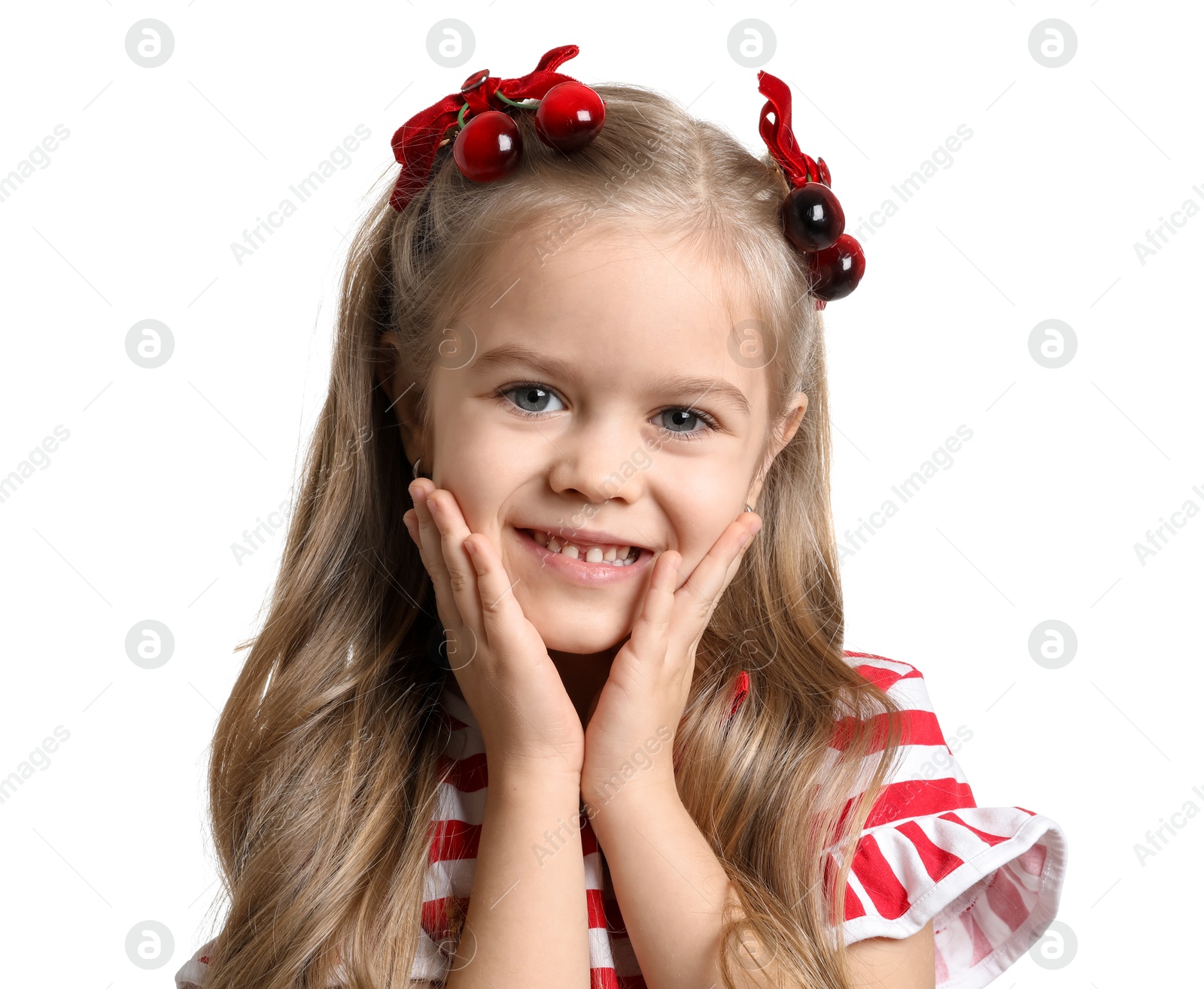 Photo of Cute little girl wearing beautiful bows with cherries on white background