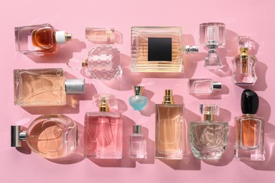 Photo of Bottles of various perfumes on pink background, flat lay