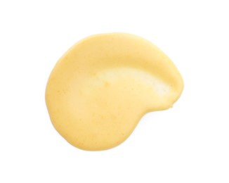Photo of Tasty cheese dipping sauce isolated on white, top view
