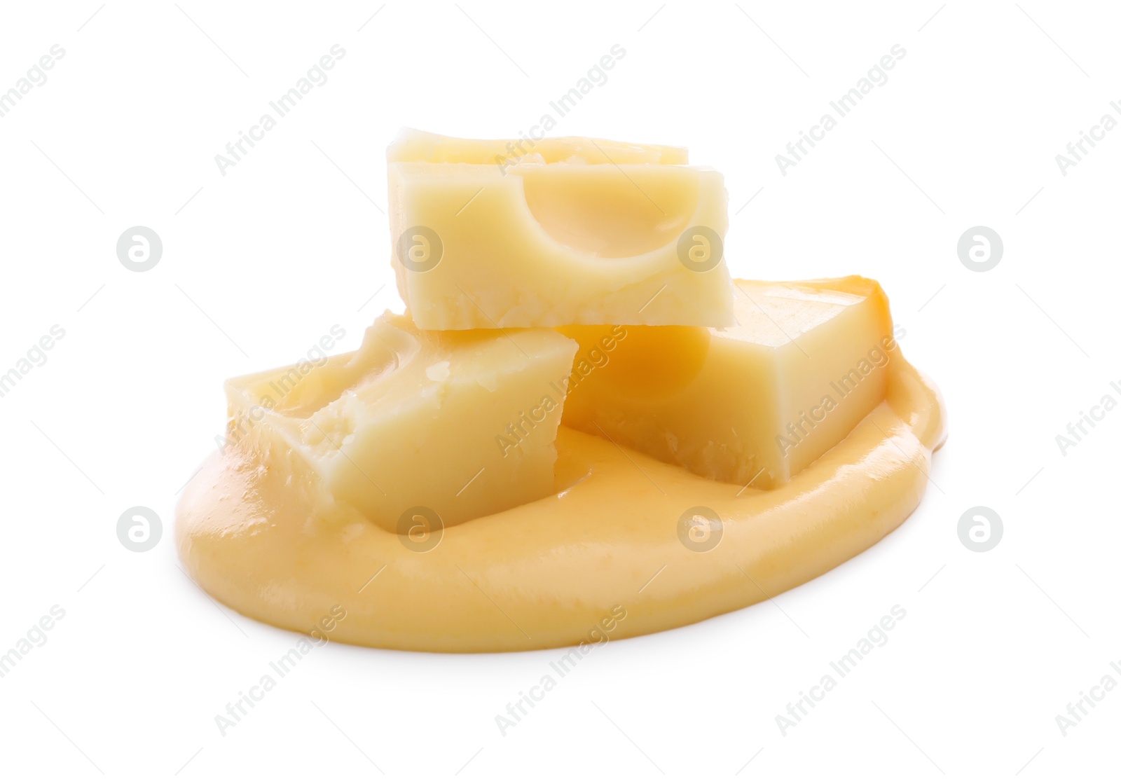 Tasty cheese dipping sauce and pieces of product isolated on white Photo of Tasty cheese dipping sauce and pieces of product isolated on white