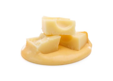 Photo of Tasty cheese dipping sauce and pieces of product isolated on white