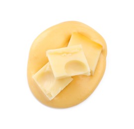 Photo of Tasty cheese dipping sauce and pieces of product isolated on white, top view