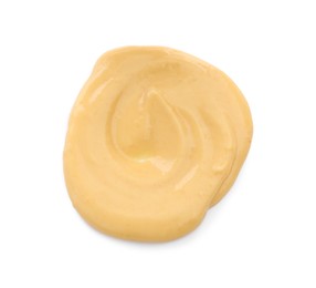 Photo of Tasty cheese dipping sauce isolated on white, top view