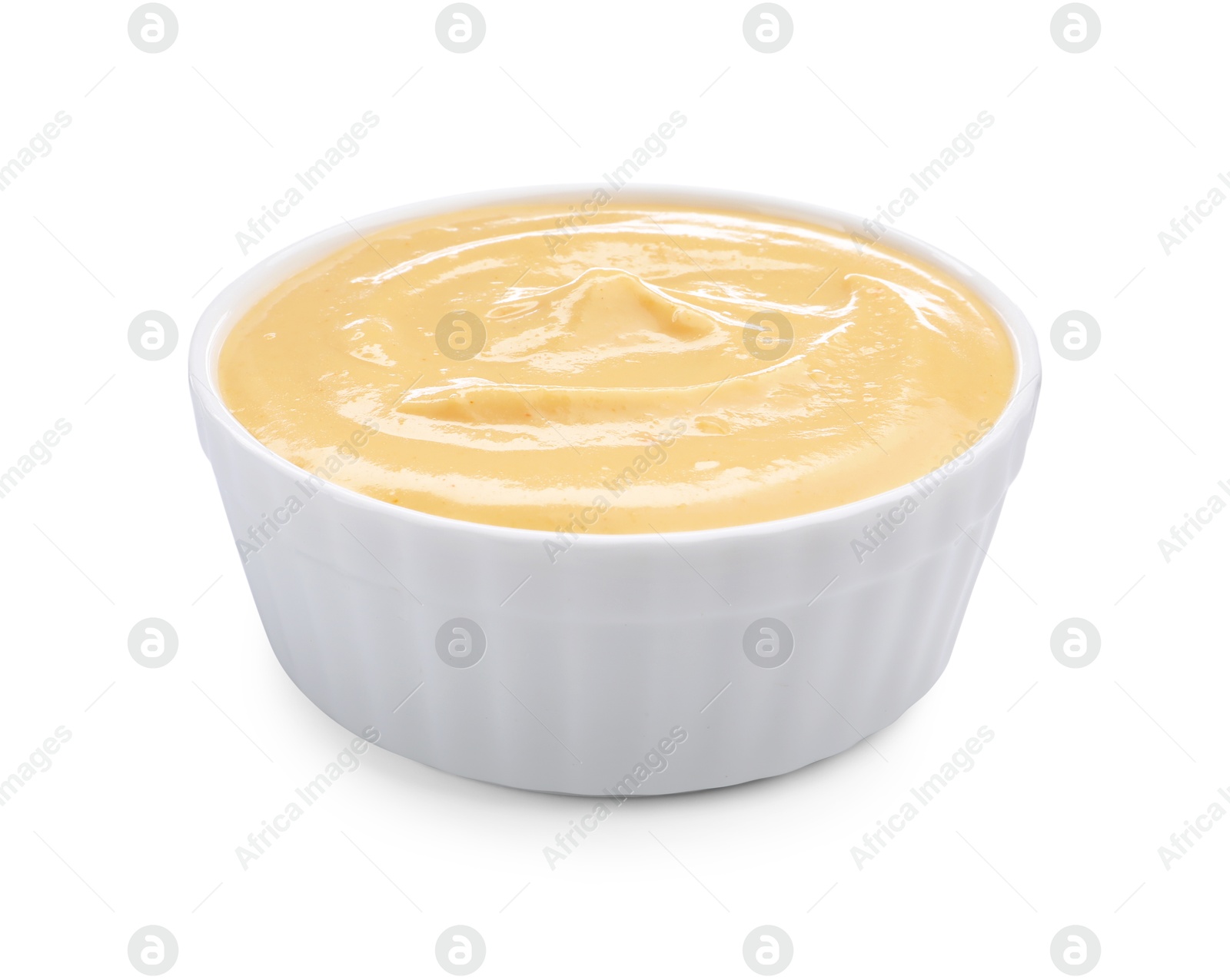 Tasty cheese dipping sauce in bowl isolated on white Photo of Tasty cheese dipping sauce in bowl isolated on white