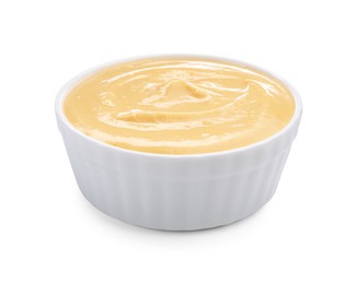 Photo of Tasty cheese dipping sauce in bowl isolated on white