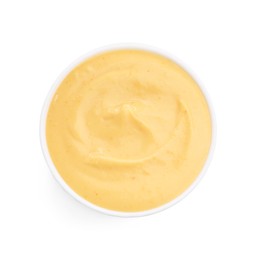 Photo of Tasty cheese dipping sauce in bowl isolated on white, top view