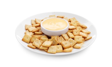 Photo of Tasty cheese dipping sauce in bowl and crackers isolated on white