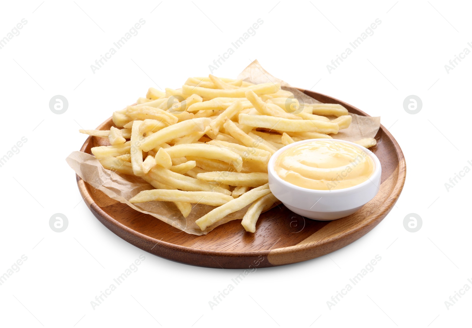 Tasty cheese dipping sauce in bowl and French fries isolated on white Photo of Tasty cheese dipping sauce in bowl and French fries isolated on white