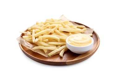 Photo of Tasty cheese dipping sauce in bowl and French fries isolated on white