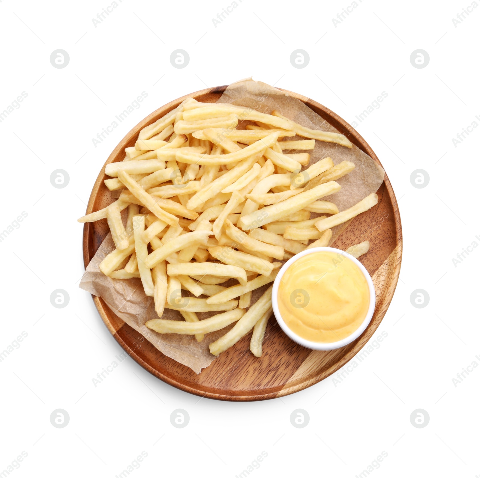 Tasty cheese dipping sauce in bowl and French fries isolated on white, top view Photo of Tasty cheese dipping sauce in bowl and French fries isolated on white, top view