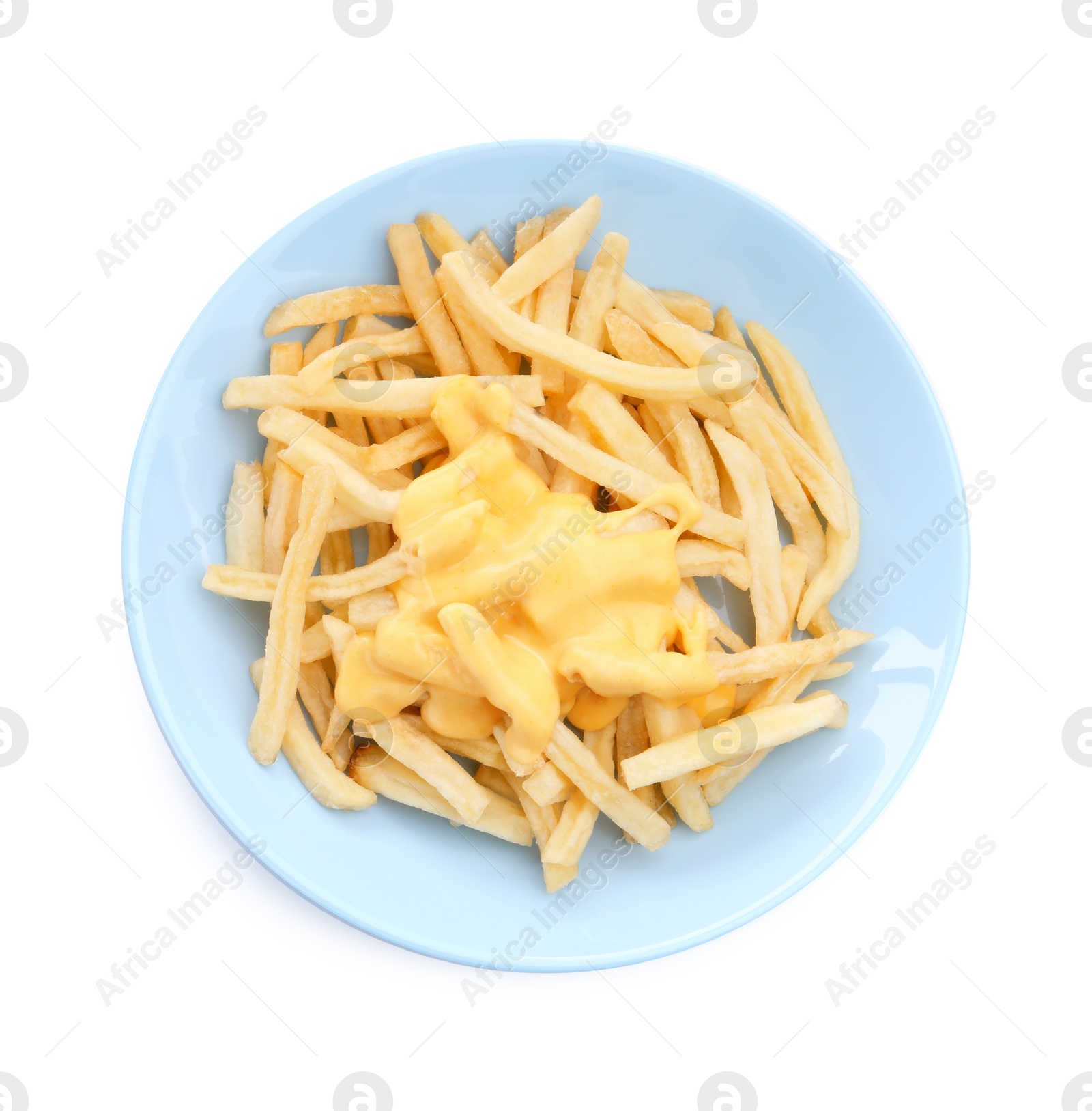 French fries with tasty cheese sauce isolated on white, top view Photo of French fries with tasty cheese sauce isolated on white, top view