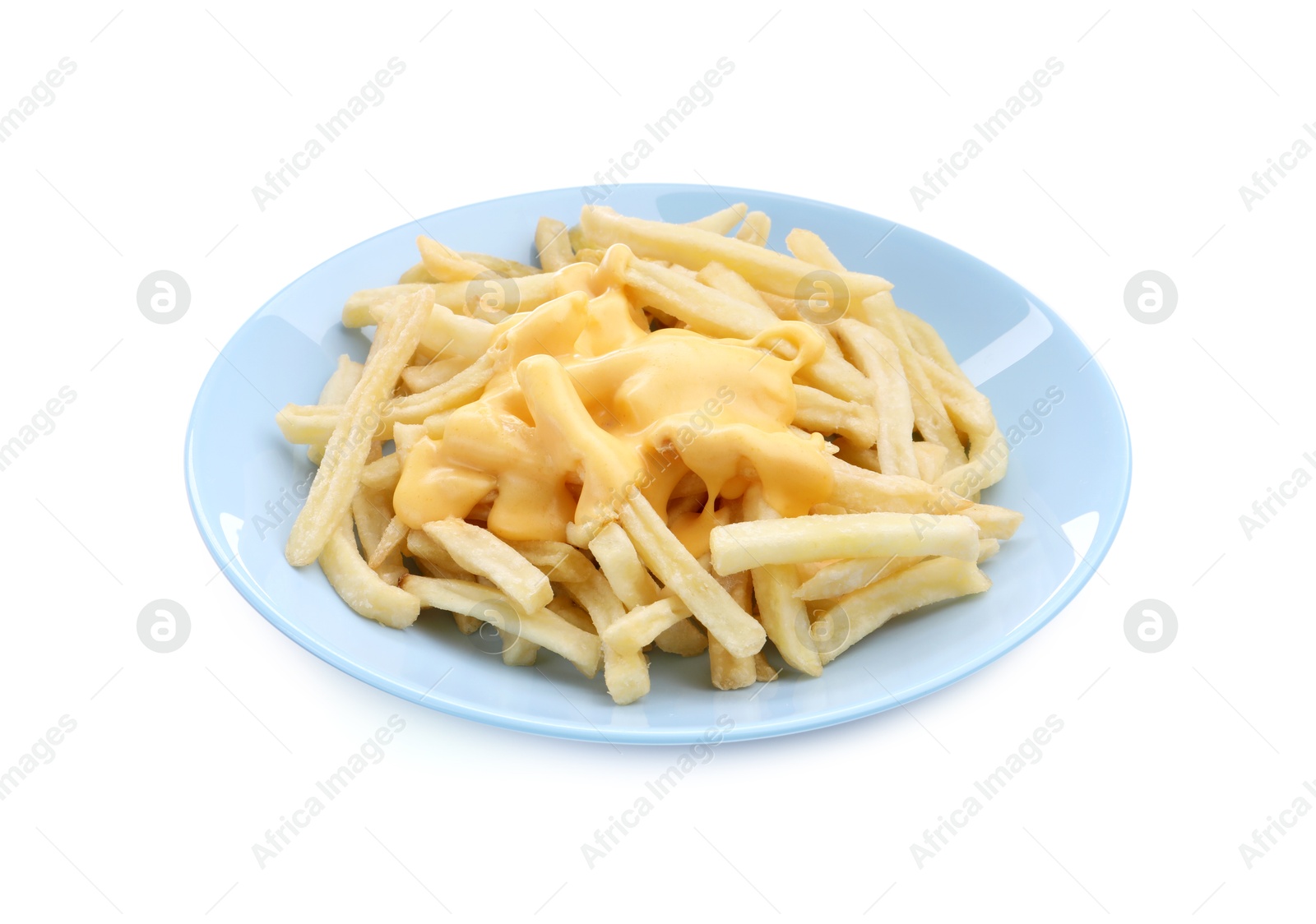 French fries with tasty cheese sauce isolated on white Photo of French fries with tasty cheese sauce isolated on white