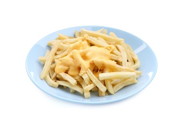 Photo of French fries with tasty cheese sauce isolated on white