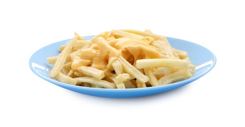 Photo of French fries with tasty cheese sauce isolated on white