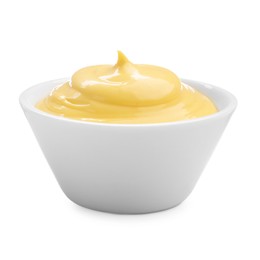 Photo of Tasty cheese dipping sauce in bowl on white background