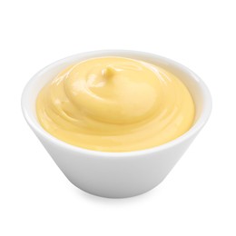 Photo of Tasty cheese dipping sauce in bowl on white background