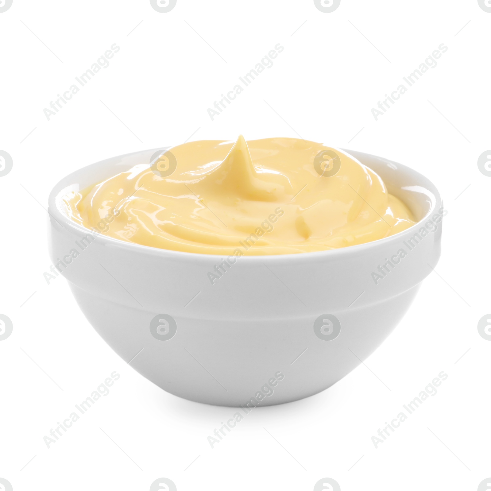 Photo of Tasty cheese dipping sauce in bowl isolated on white