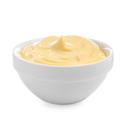 Photo of Tasty cheese dipping sauce in bowl isolated on white