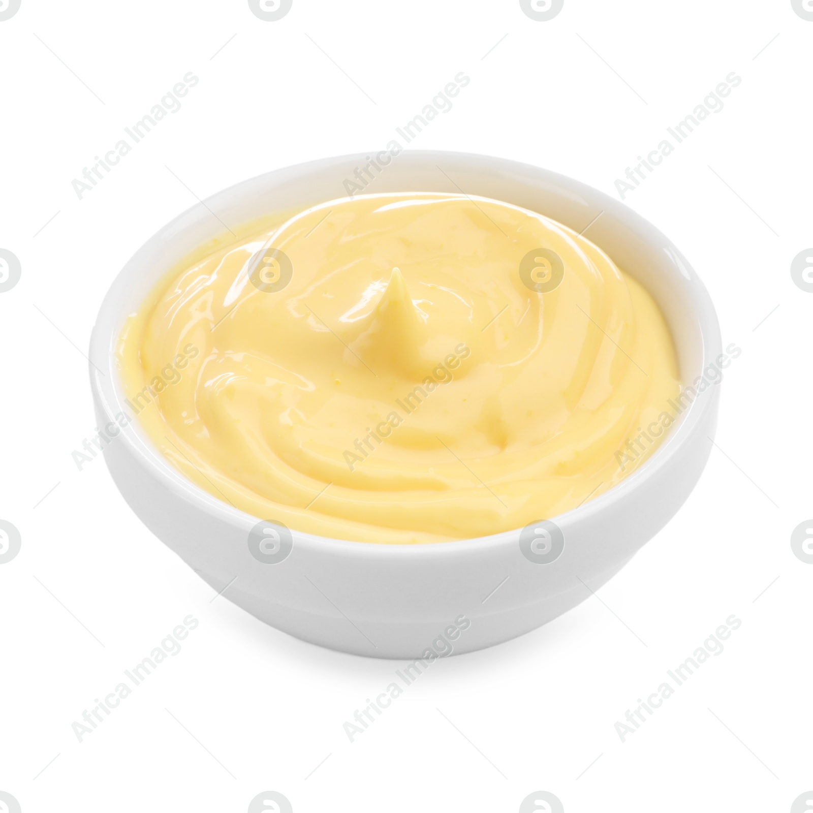Photo of Tasty cheese dipping sauce in bowl isolated on white