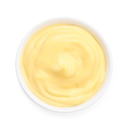 Photo of Tasty cheese dipping sauce in bowl isolated on white, top view