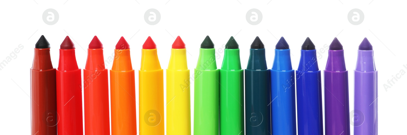Photo of Many colorful markers isolated on white. Art supply
