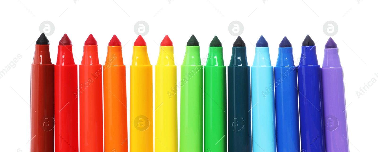 Photo of Many colorful markers isolated on white. Art supply