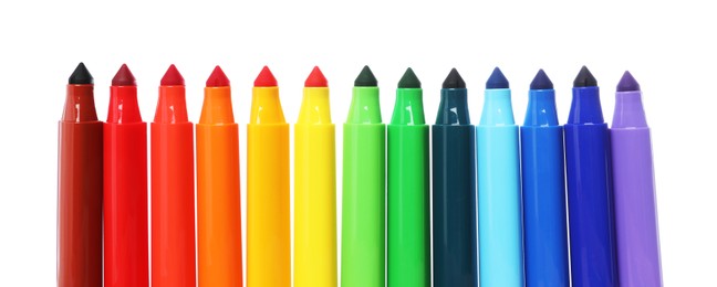 Photo of Many colorful markers isolated on white. Art supply