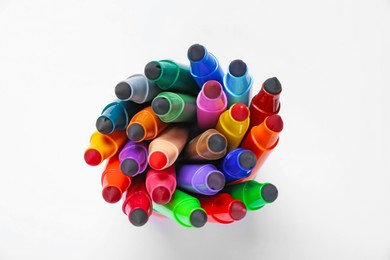 Photo of Many colorful markers on white background,, top view
