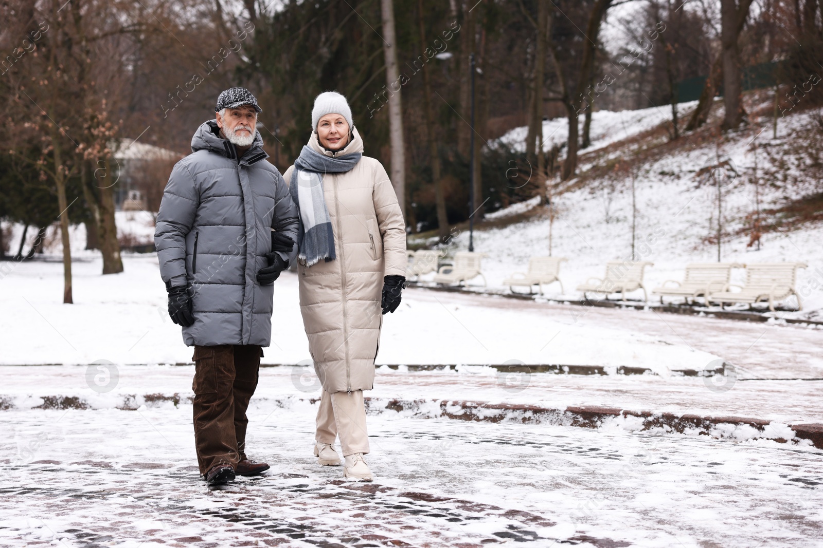 Photo of Lovely senior couple walking at winter park. Space for text