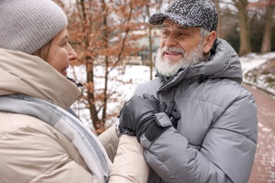 Photo of Happy senior couple holding hands in winter park