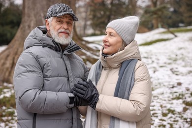 Photo of Lovely senior couple holding hands at winter park