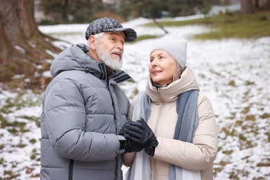 Photo of Lovely senior couple holding hands at winter park