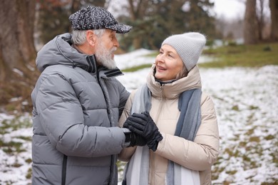 Photo of Lovely senior couple holding hands at winter park