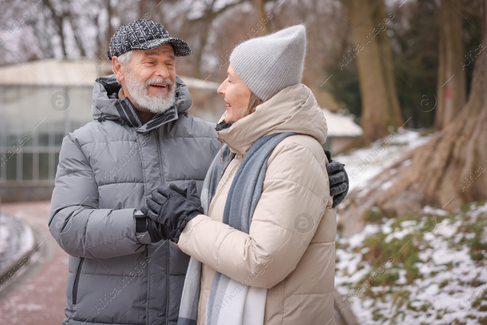 Photo of Happy senior couple holding hands in winter park