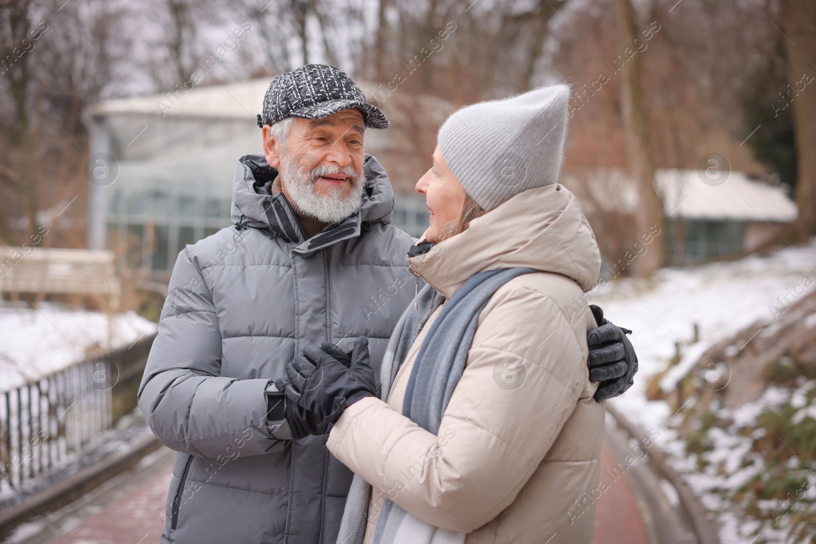 Photo of Happy senior couple holding hands in winter park