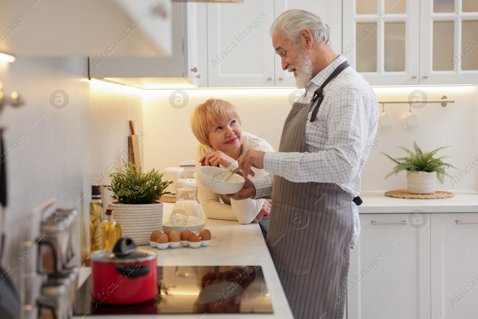 Photo of Senior couple cooking together at counter in kitchen