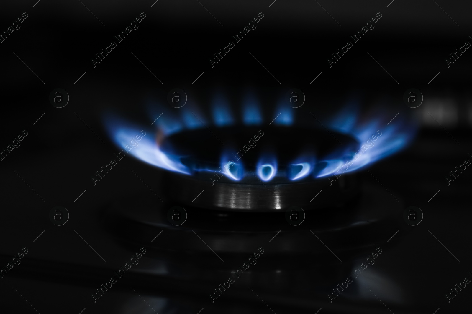 Photo of Gas burner with blue flame on stove, closeup