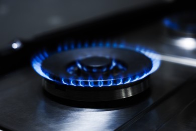 Photo of Gas burner with blue flame on stove, closeup