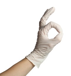 Photo of Doctor in medical glove showing OK gesture on white background, closeup