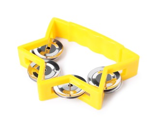 Photo of Yellow toy tambourine isolated on white. Child's musical instrument